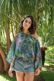 Peacock Feather Printed Off The Shoulder Top
