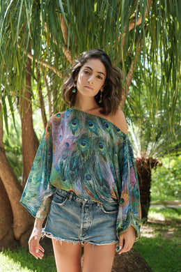 Peacock Feather Printed Off The Shoulder Top