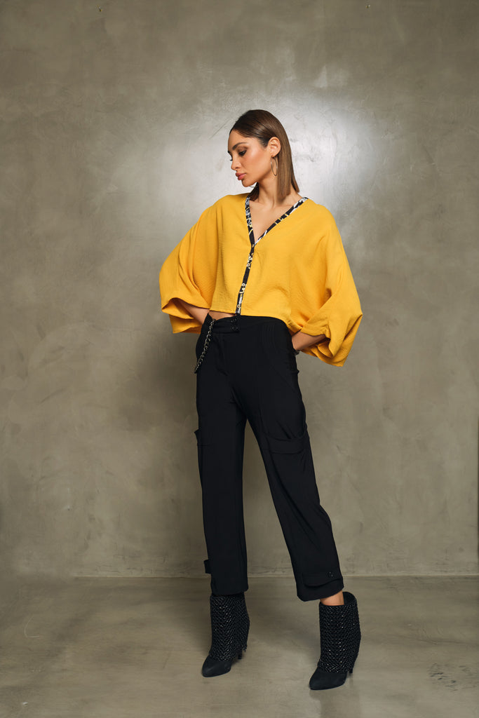 BLACK CARGO PANTS AND MUSTARD KIMONO SHIRT CRG004-KMS006