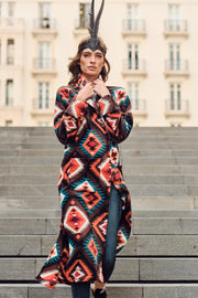 Brown Tribal Long Fleece Coat