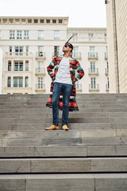 Red and Aqua Long Fleece Coat