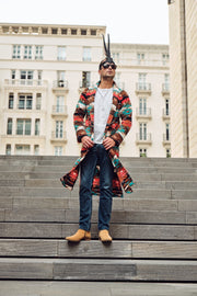 Red and Aqua Long Fleece Coat