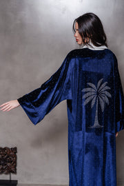 Velvet Navy Blue Palm Kimono with Swarovski Studs