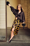 YELLOW AND BLACK SILKY SATEEN SHIRT AND SKIRT KMS012-SKT002